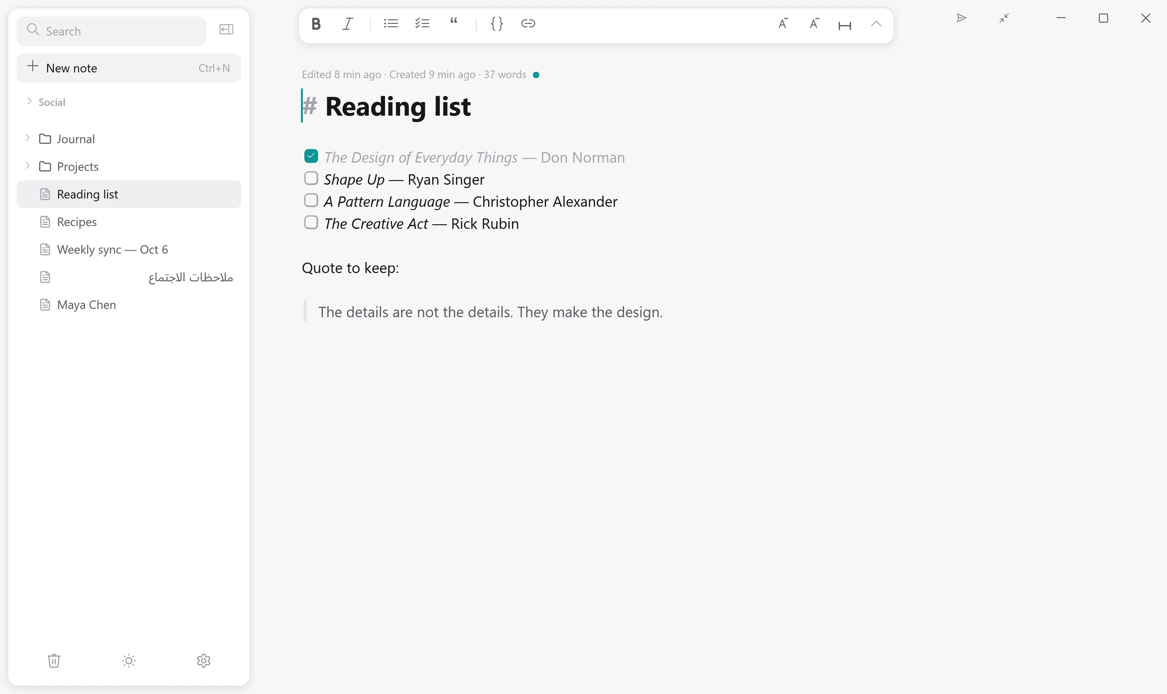 A Kolada note with headings, a checklist and a table